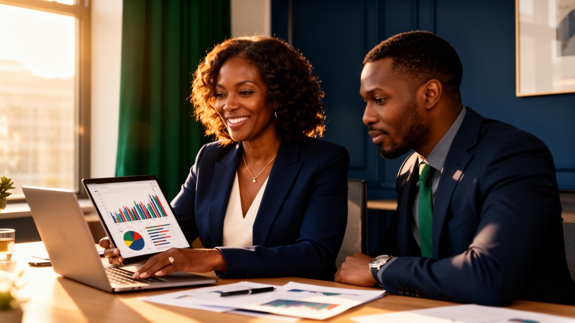 Diverse financial mentor reviewing investment charts with a client — beginner investing education
